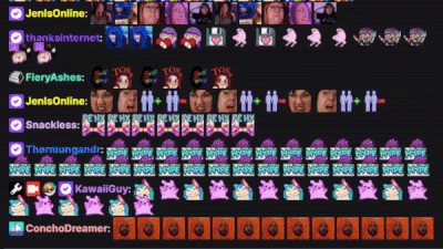 GIF of chat scrolling with still and animated Emotes