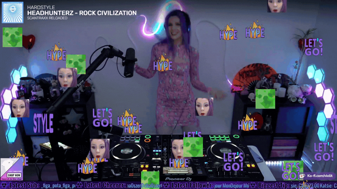 vioLit jumping and dancing while DJing on Twitch.